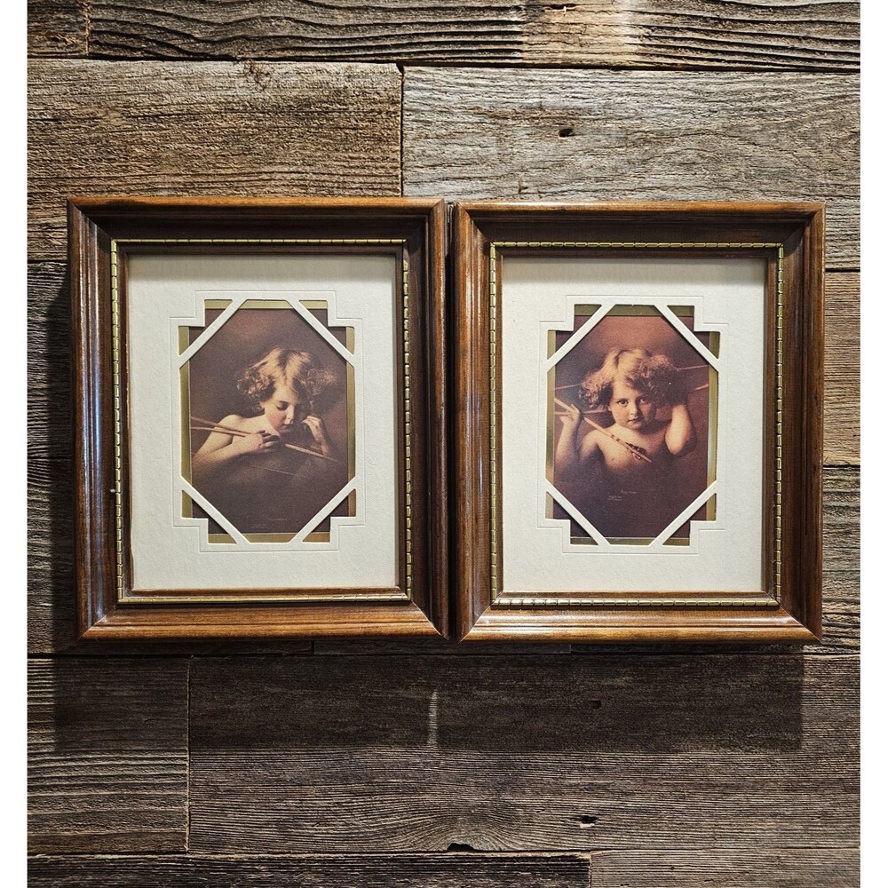 2 Antique Framed Cupid Awake & Cupid Asleep Wall Hangings 1897 by M B Parkinson